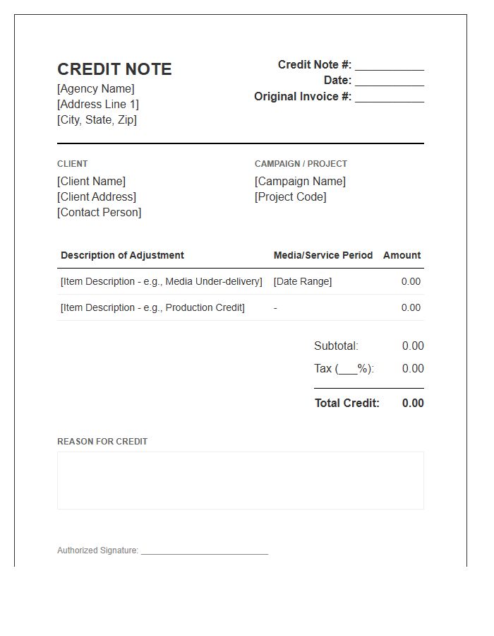 Advertising Agency Credit Note Invoice Template
