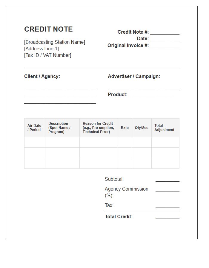 Broadcasting Credit Note Invoice Template