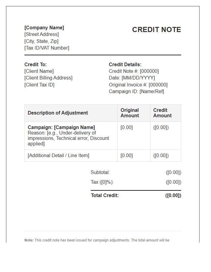 Campaign Adjustment Credit Note Invoice Template