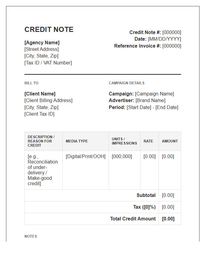 Commercial Advertising Credit Note Invoice Template