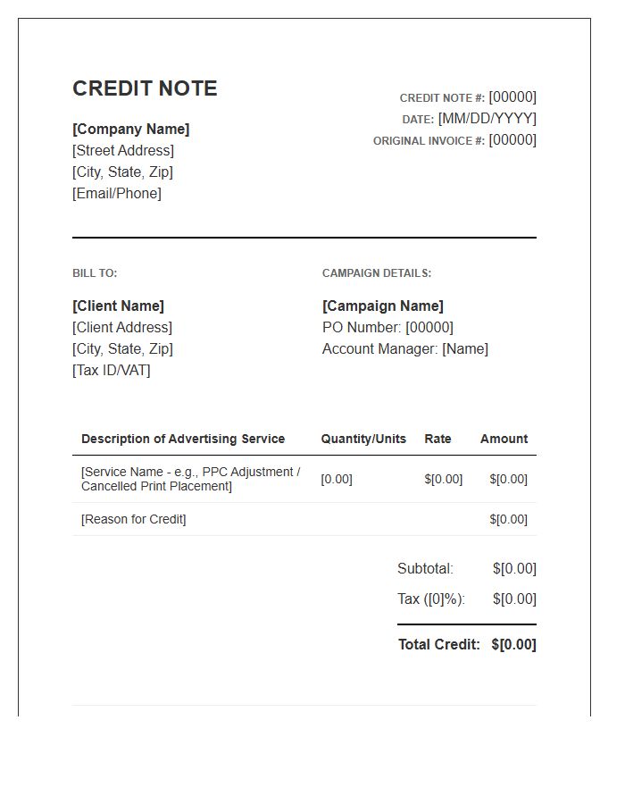 Corporate Advertising Credit Note Invoice Template
