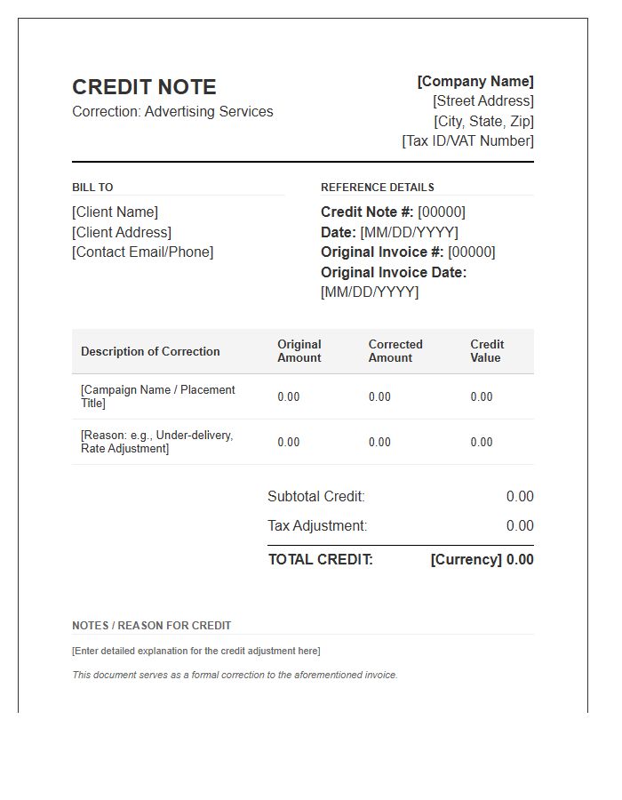 Correction Advertising Credit Note Invoice Template