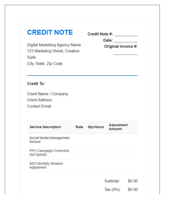 Digital Marketing Credit Note Invoice Template