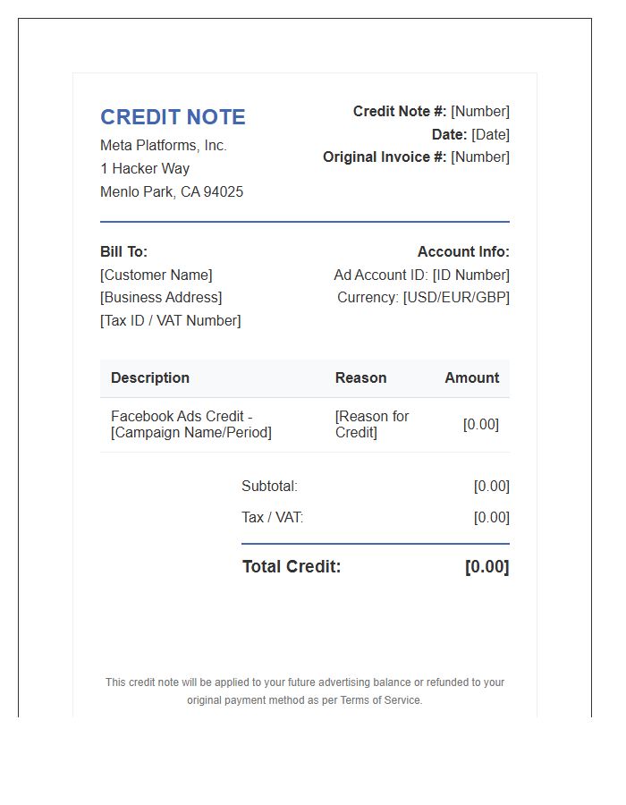 Facebook Advertising Credit Note Invoice Template