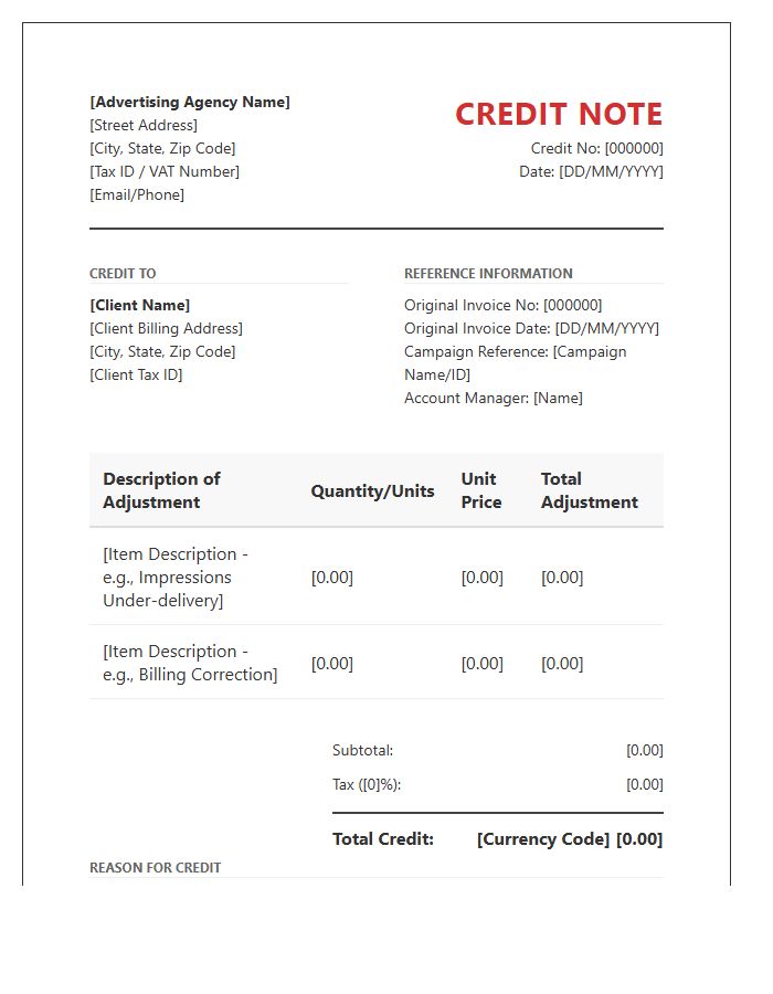Formal Advertising Credit Note Invoice Template