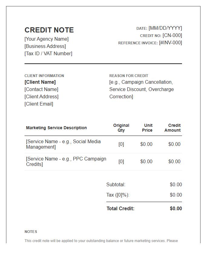 Marketing Service Credit Note Invoice Template