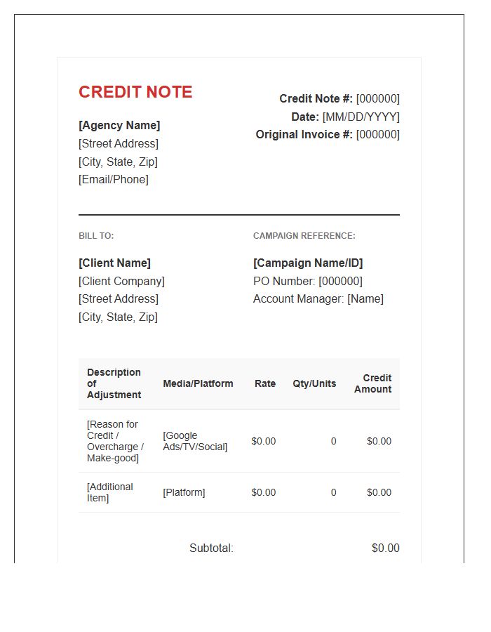 Professional Advertising Credit Note Invoice Template