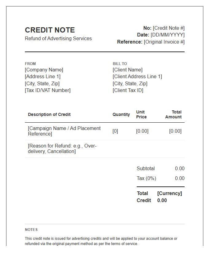 Refund Advertising Credit Note Invoice Template