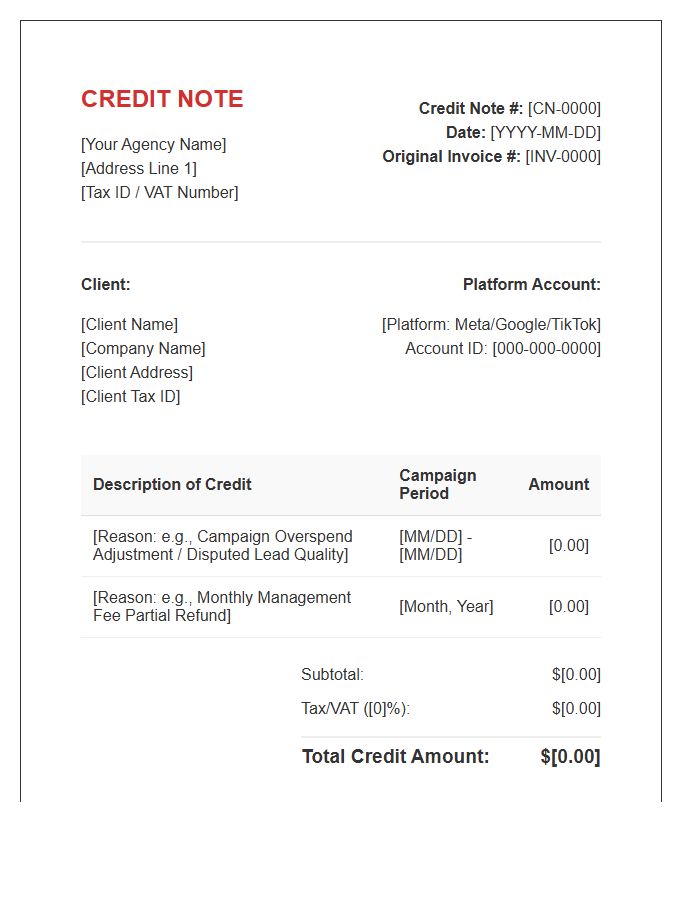 Social Media Advertising Credit Note Invoice Template