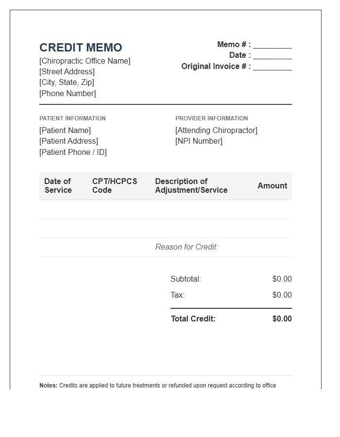 Chiropractic Office Credit Memo Invoice Template
