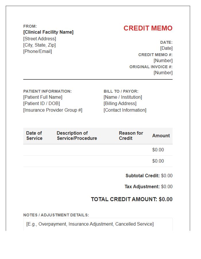 Clinical Services Credit Memo Invoice Template