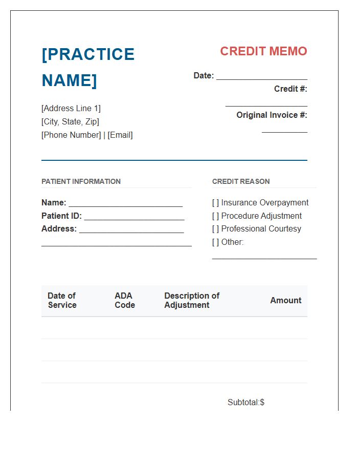 Dental Practice Credit Memo Invoice Template
