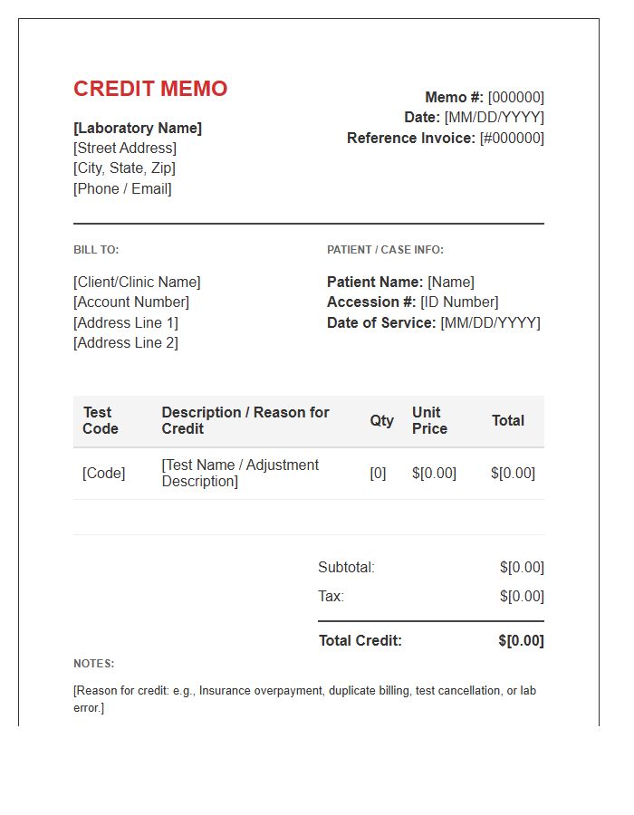 Diagnostic Laboratory Credit Memo Invoice Template