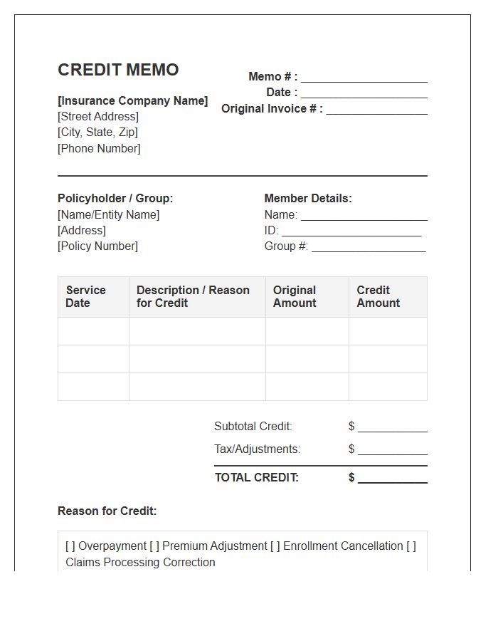 Health Insurance Credit Memo Invoice Template