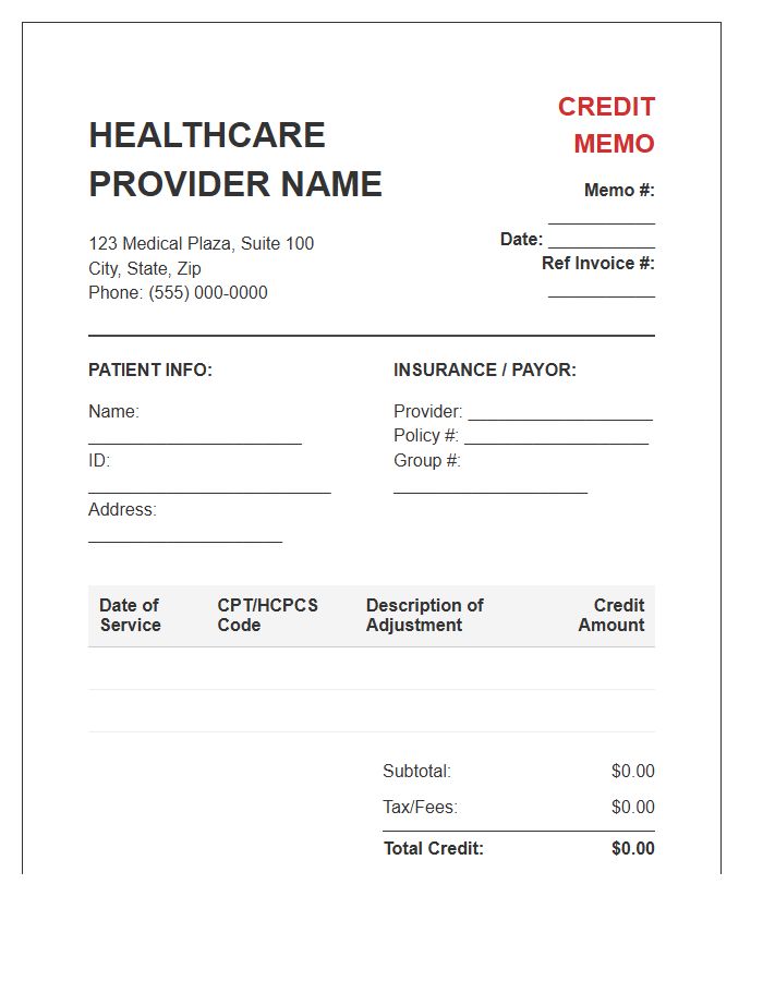 Healthcare Provider Credit Memo Invoice Template