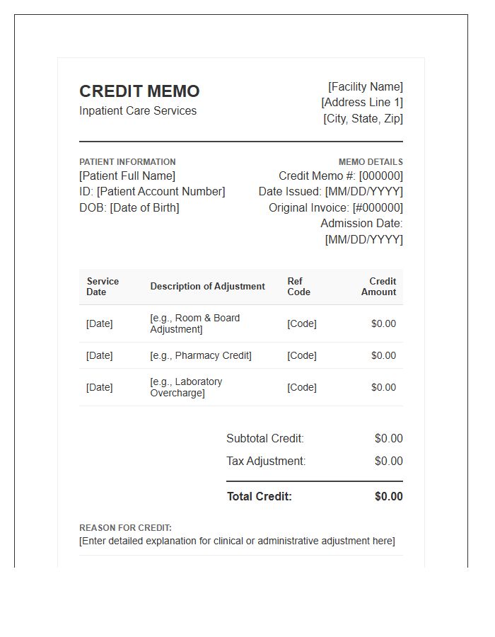 Inpatient Care Credit Memo Invoice Template