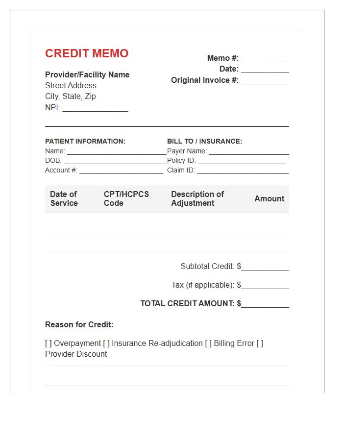 Medical Billing Credit Memo Invoice Template