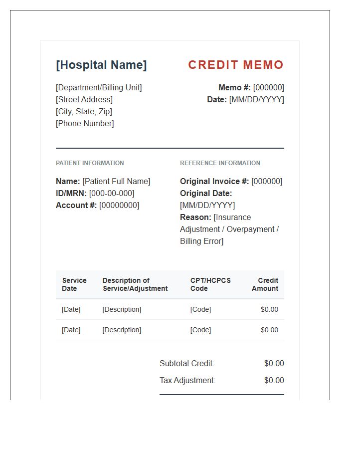 Medical Credit Memo Invoice Template For Hospitals