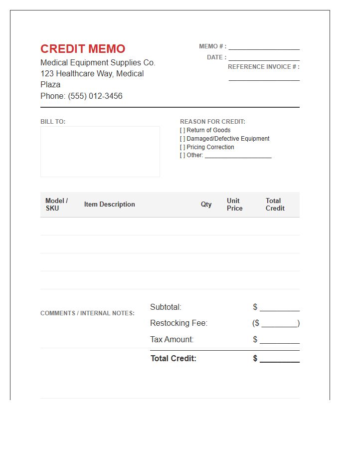 Medical Equipment Credit Memo Invoice Template
