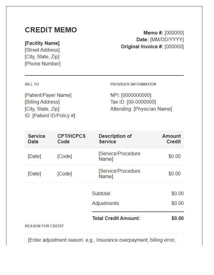 Outpatient Facility Credit Memo Invoice Template