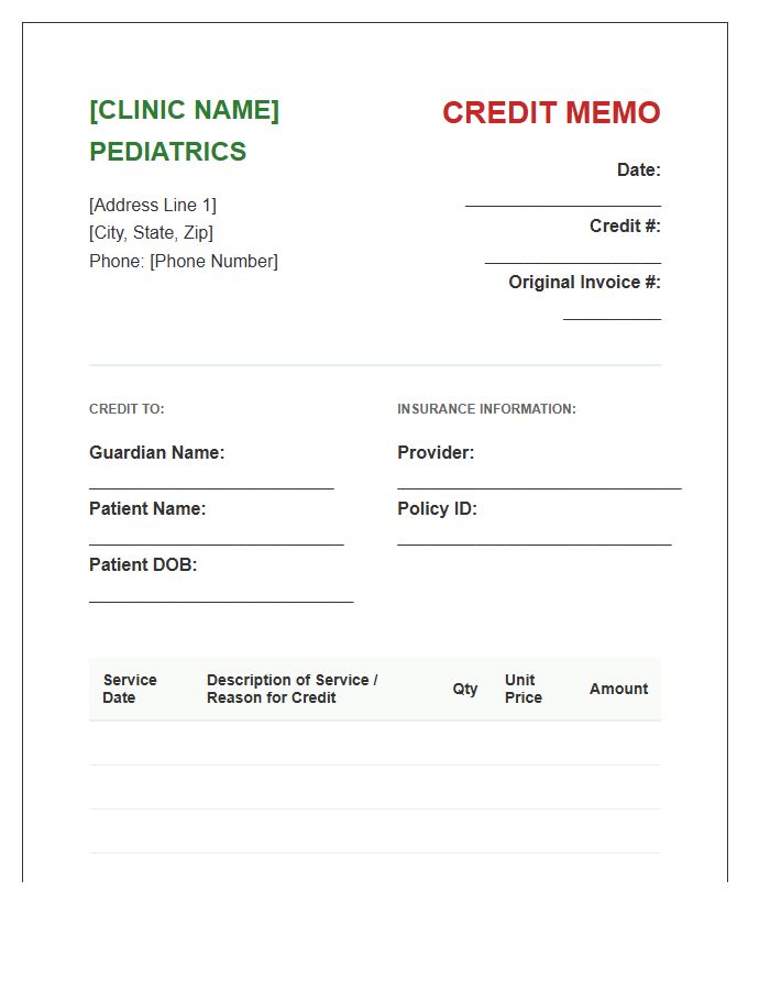 Pediatric Clinic Credit Memo Invoice Template