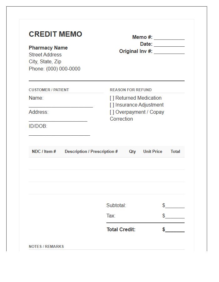 Pharmacy Refund Credit Memo Invoice Template