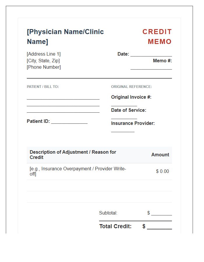 Physician Office Credit Memo Invoice Template