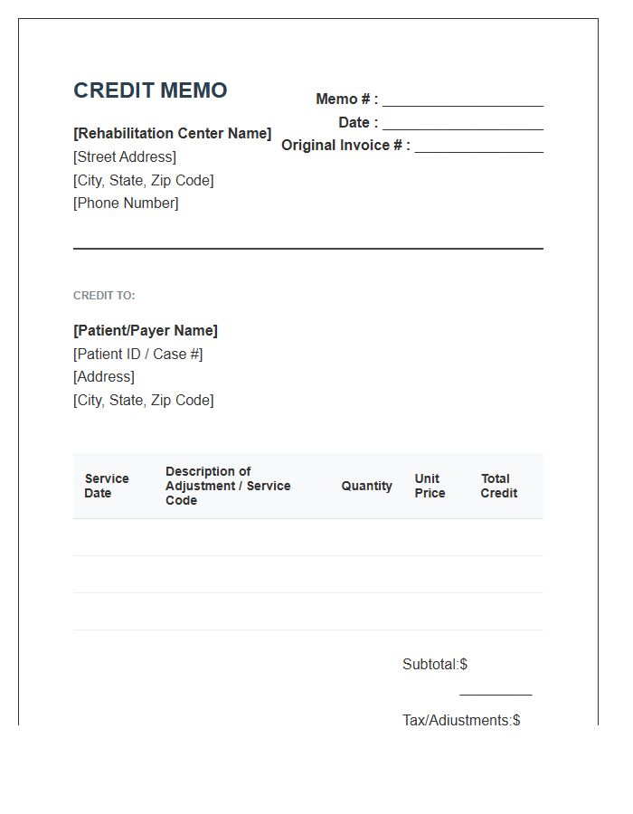 Rehabilitation Center Credit Memo Invoice Template