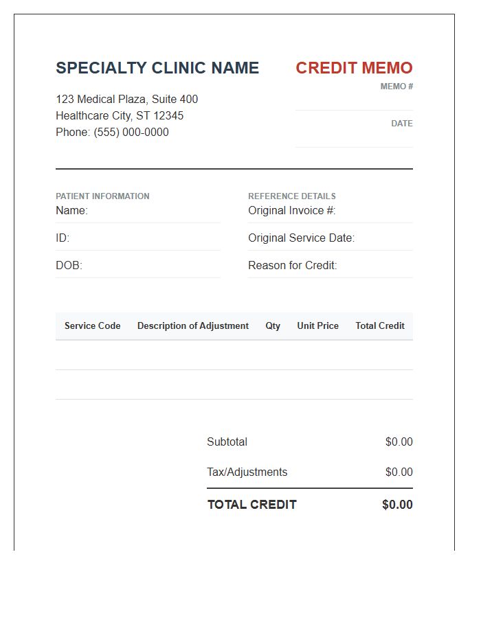 Specialty Clinic Credit Memo Invoice Template