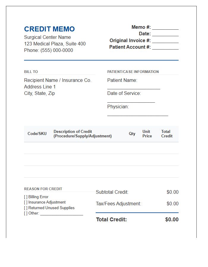 Surgical Center Credit Memo Invoice Template