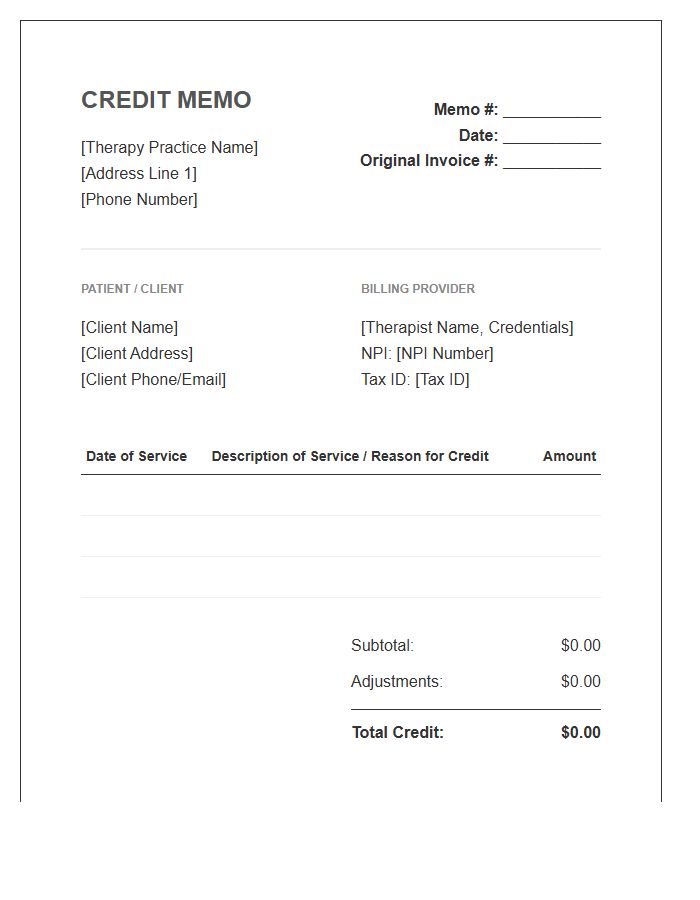 Therapy Services Credit Memo Invoice Template