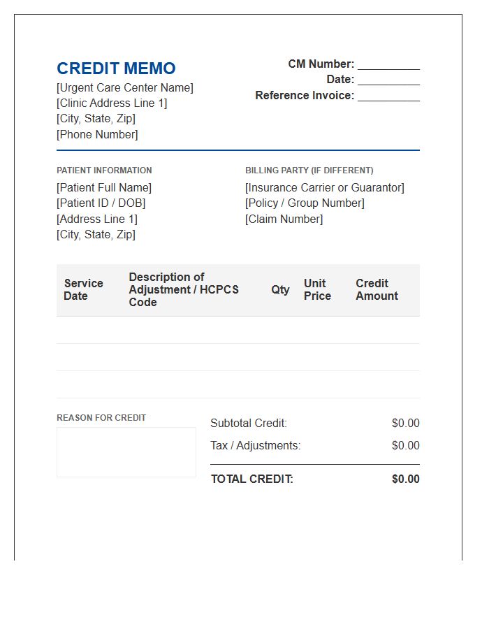 Urgent Care Credit Memo Invoice Template