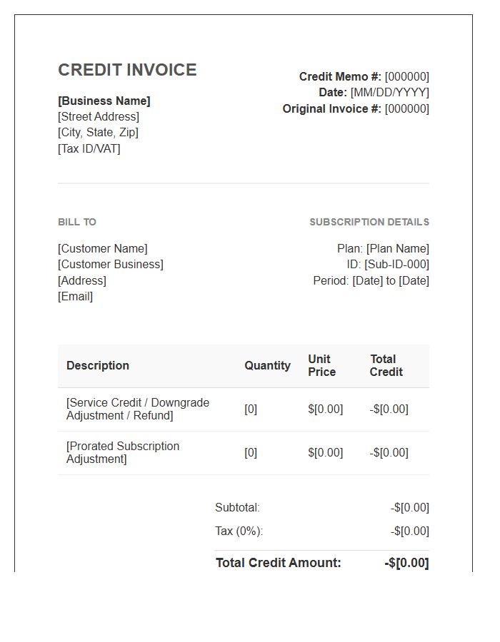 Business Subscription Credit Invoice Template