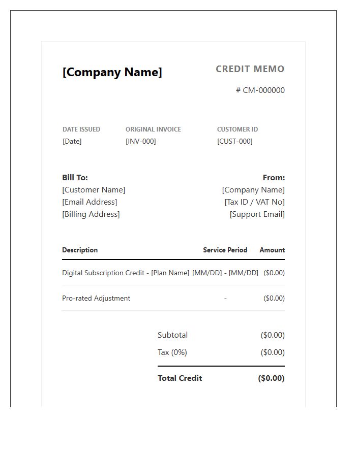 Digital Subscription Credit Invoice Template