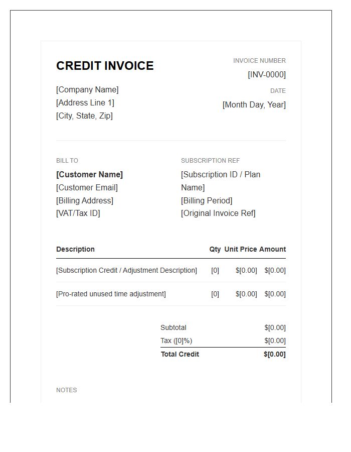 Professional Subscription Credit Invoice Template