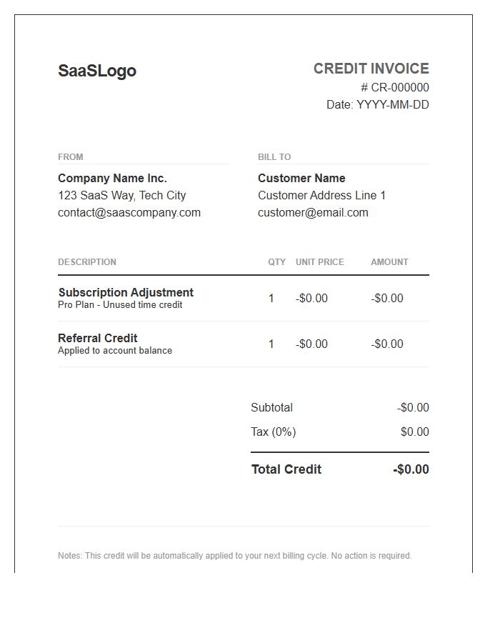 SaaS Subscription Credit Invoice Template