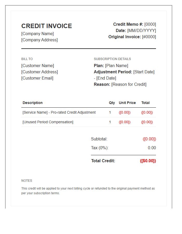 Subscription Adjustment Credit Invoice Template