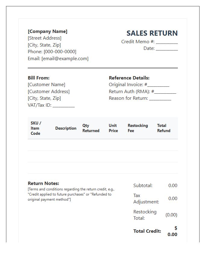 Advanced Sales Return Invoice Template