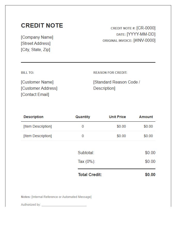 Automated Credit Note Invoice Template