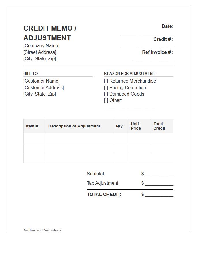 Business Credit Adjustment Invoice Template