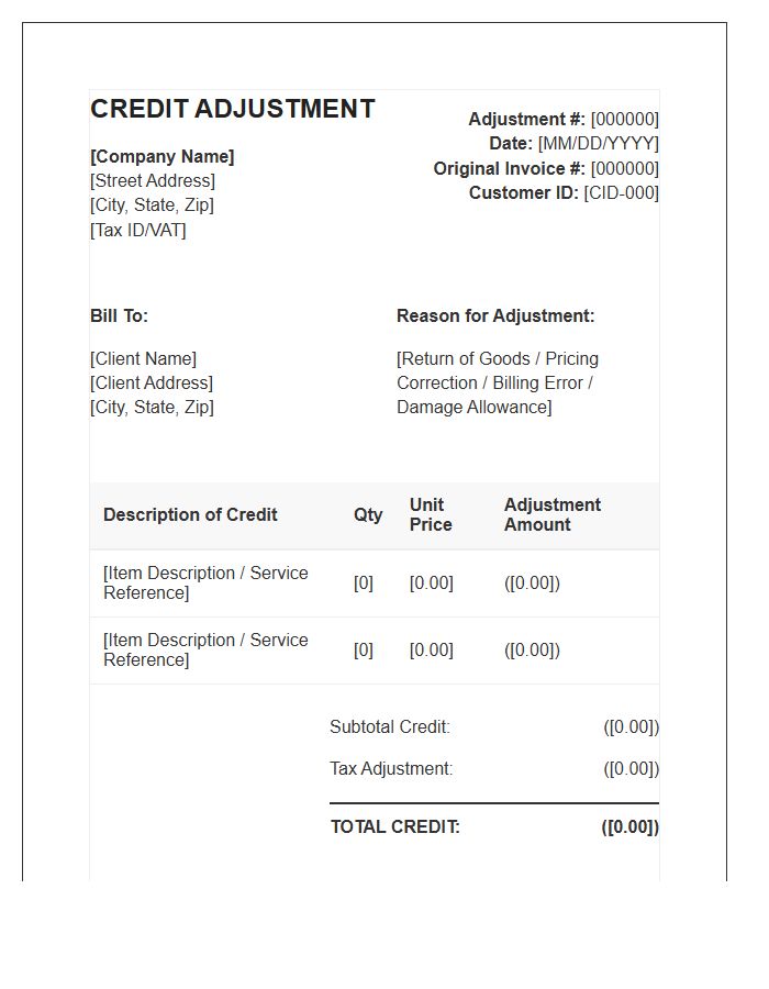 Commercial Credit Adjustment Invoice Template