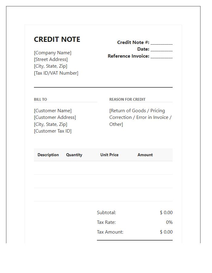 Comprehensive Credit Note Invoice Template