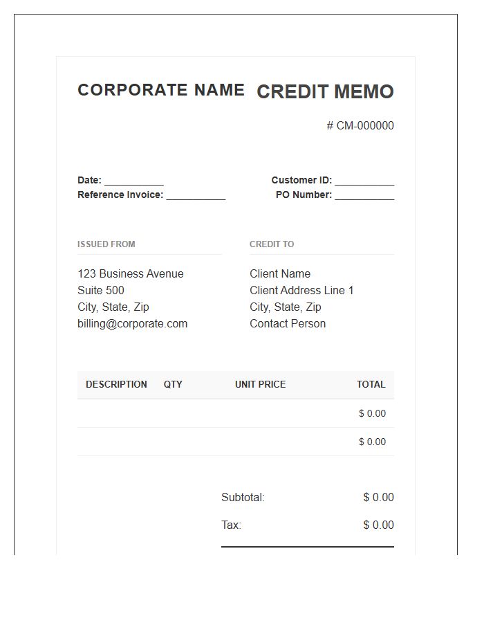 Corporate Credit Memo Invoice Template
