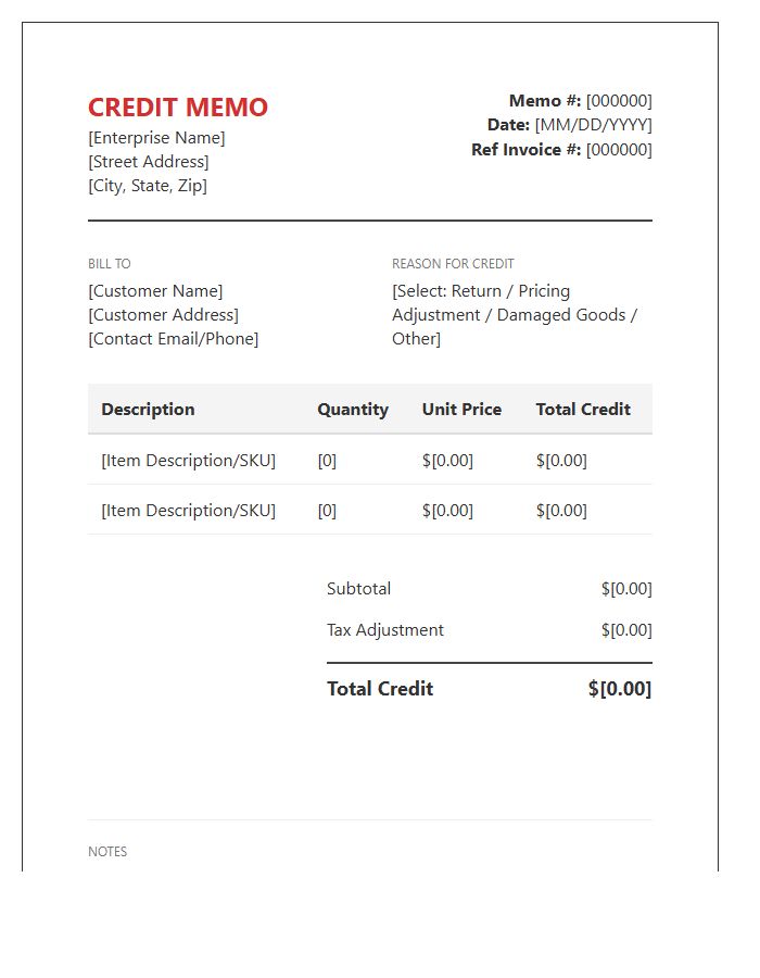Enterprise Credit Memo Invoice Template