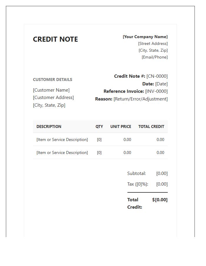 Formal Credit Note Invoice Template