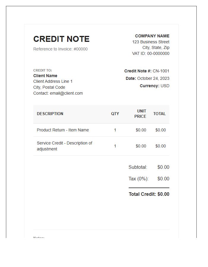High Quality Credit Note Invoice Template