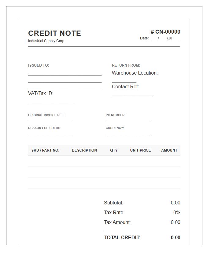 Industrial Credit Note Invoice Template