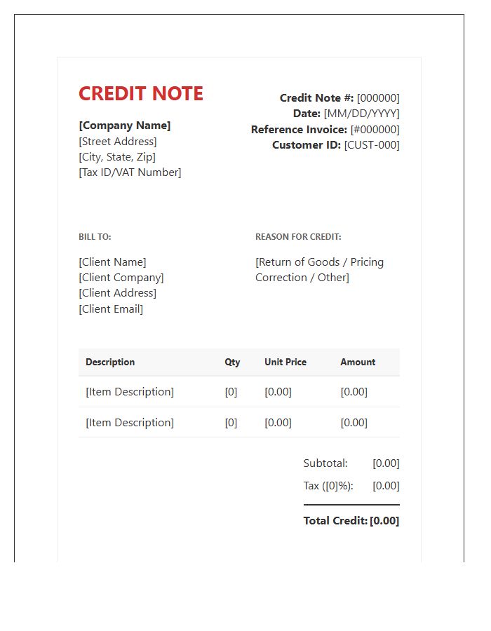 Standard Corporate Credit Note Invoice Template