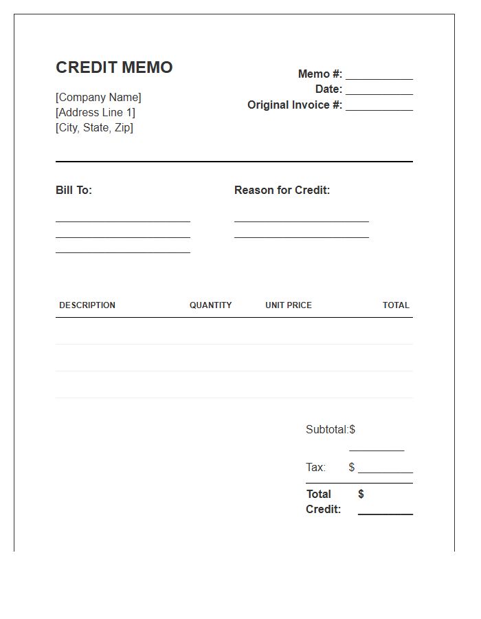 Billing Credit Memo Invoice Template