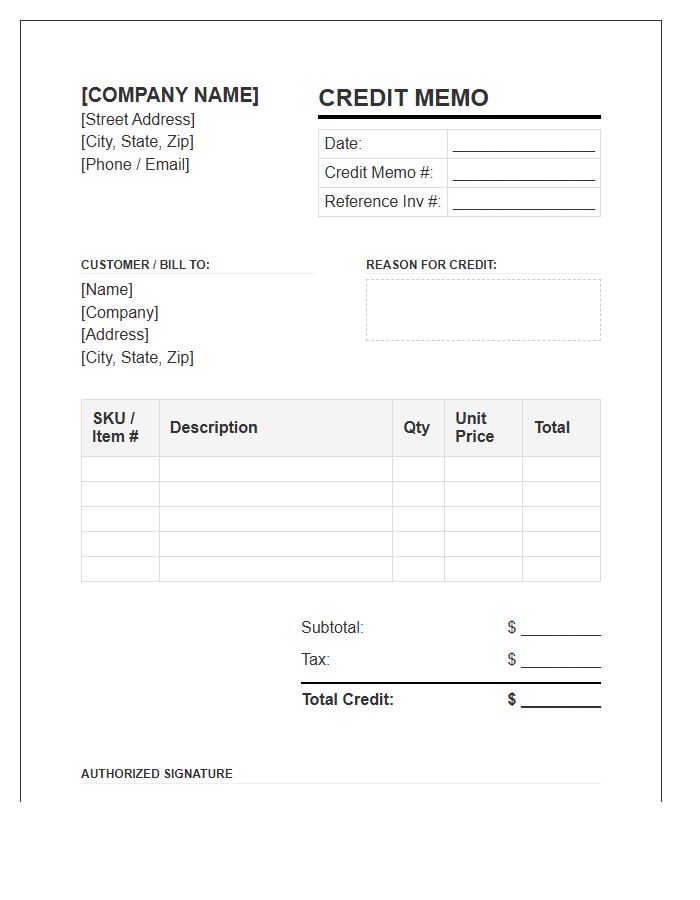 Commercial Credit Memo Invoice Template